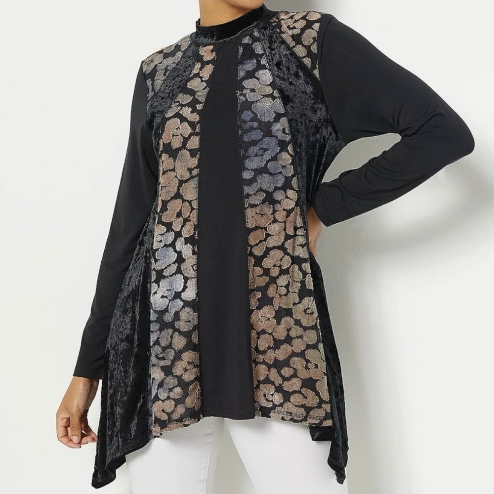 LOGO Lavish by Lori Goldstein Black Velvet Jacquard Mock Neck Tunic Top L